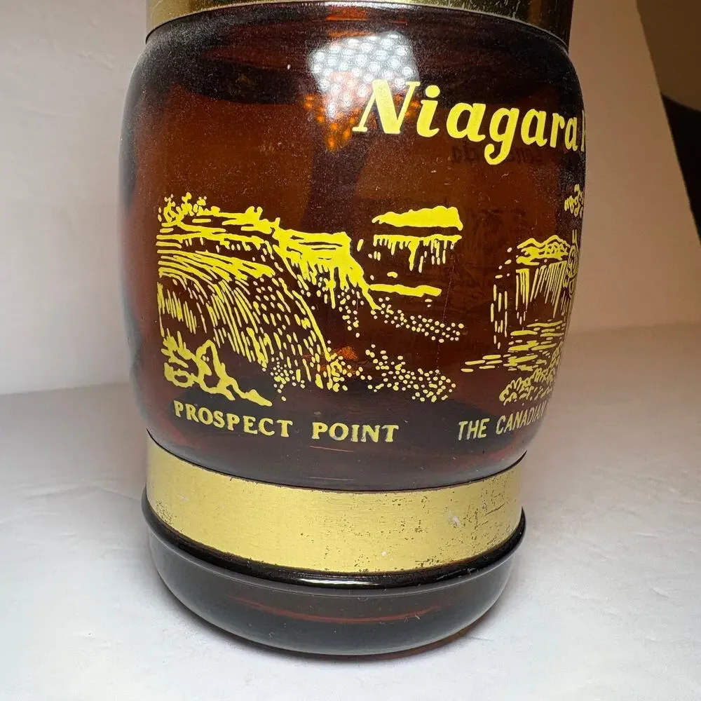 Vintage Niagara Falls Canada Souvenir Brown Glass Barrel Mug Wood Handle